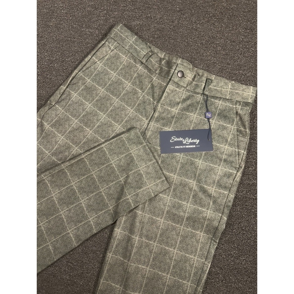 New State And Liberty Pants Men 32 (Fits 33x31) Olive Green Windowpane Athletic